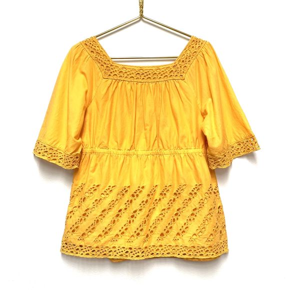 Banana Republic Eyelet Peasant Blouse Top Size Large Marigold Yellow Boho - Picture 2 of 8
